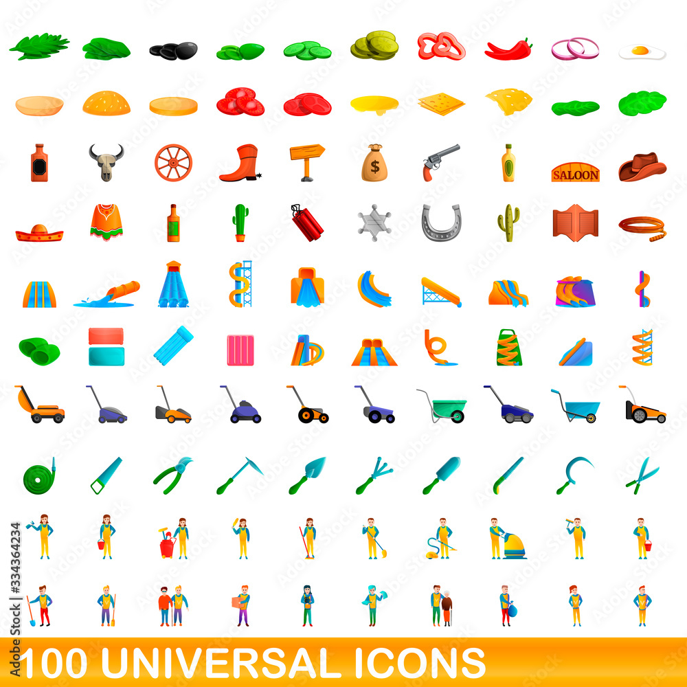 100 universal icons set. Cartoon illustration of 100 universal icons vector set isolated on white background 100 universal icons set. Cartoon illustration of 100 universal icons vector set isolated on white background