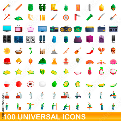 100 universal icons set. Cartoon illustration of 100 universal icons vector set isolated on white background