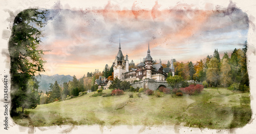 Peles Castle in Sinaia, Romania in watercolor style illustration. Landmark of Carpathian Mountains in Europe