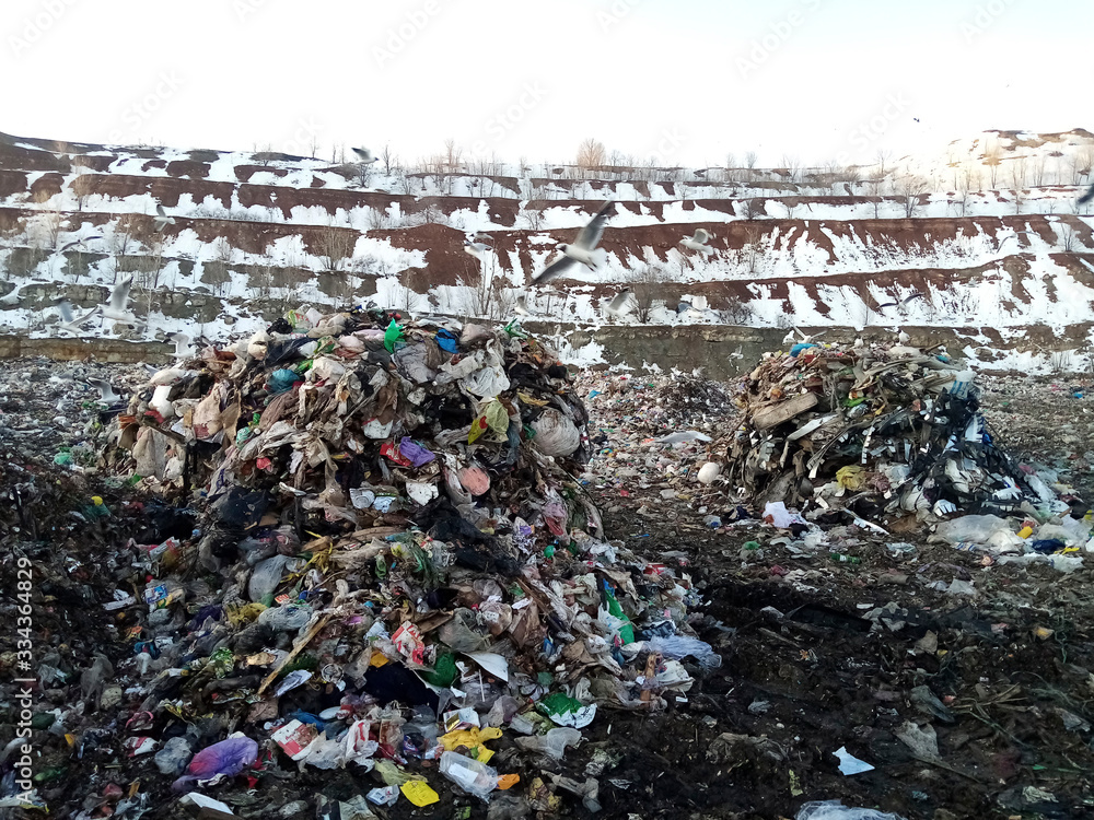 Obraz premium Landfill, waste disposal on the ground creates environmental problems in the world