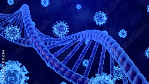 3D Rendering Coronavirus/COVID-19 and DNA Helix Models Moving in Abstract Blue Background Still Image