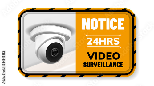 Video Surveillance Notice Nameplate Banner Vector. Ceiling Supervision Security Cctv Transmit Video And Audio Signal To Wireless Receiver Through Radio Band. Realistic 3d Illustration