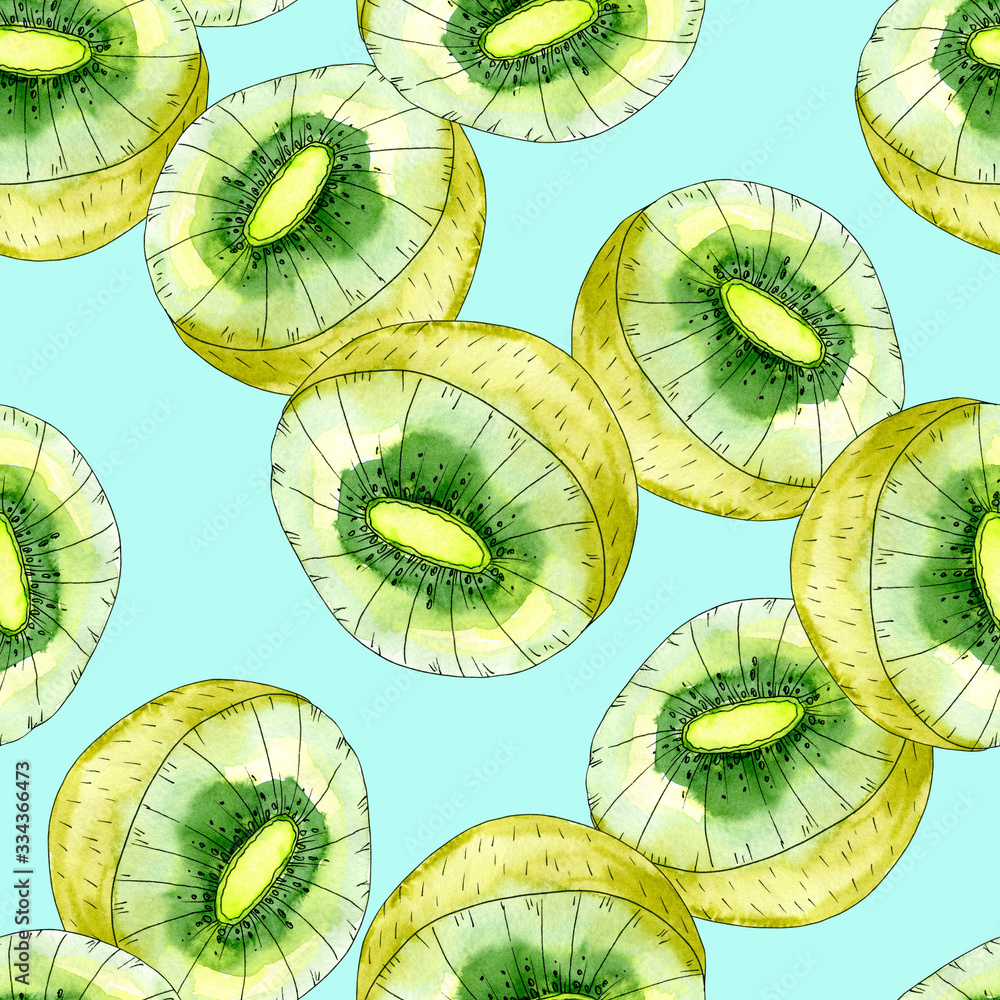 Fototapeta premium Watercolor kiwi fruits seamless pattern