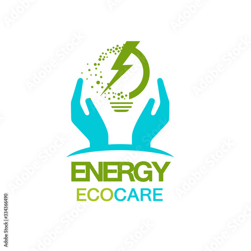 logo of energy eco care, 2 hands holding the lighting bulb with the sign of lightning transforms scatter spread in the air