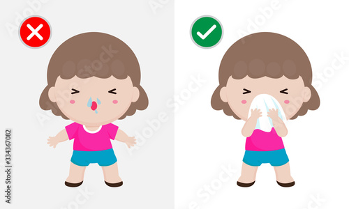 Coronavirus 2019-nCoV or Covid-19 disease prevention concept, woman sneezing cover mouth and nose with tissue before and don't do. Healthy way to safe from virus infections. Health care concept