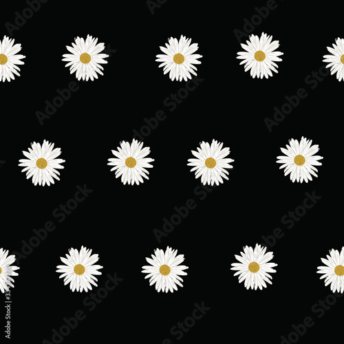Repeat Daisy Flower Pattern with black background. Seamless floral pattern. Stylish repeating texture. 