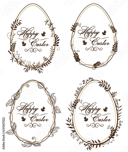 Easter frames decorated with herbs and flowers. Egg-shaped greeting frames. Vector drawing.