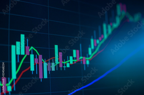 Blue Stock Exchange Market trading graph on screen monitor for economic and financial investment. Business analysis chart display. Stock invest infomation.