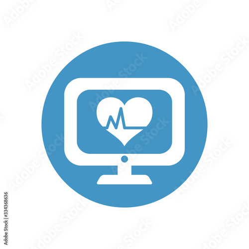 computer with cardio heart icon on screen, block style