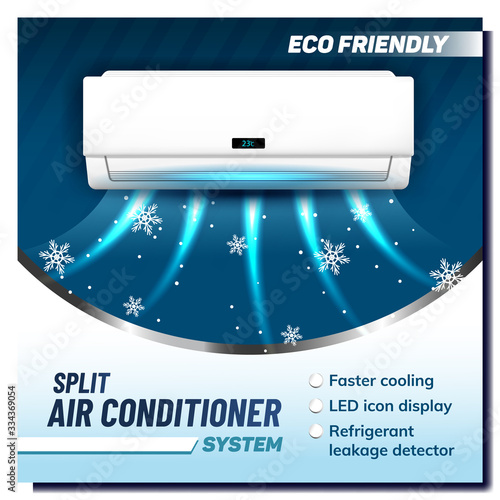 Split Air Conditioner System Promo Banner Vector. Air Condition Eco Friendly Device. Faster Cooling, Led Icon Display, Refrigerant Leakage Detector. Climate Technology Mockup Realistic 3d Illustration