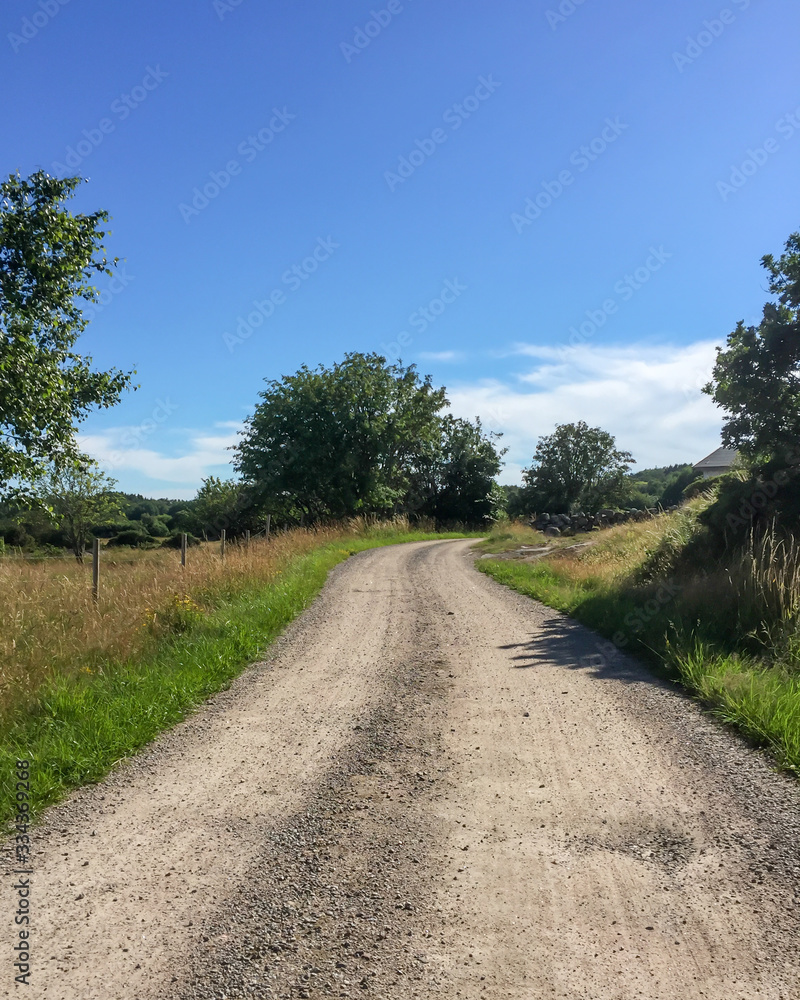 A straight gravel road in the countryside in Sweden. Summer feeling with sunshine and greenery. A straight gravel road in the countryside in Sweden. Summer feeling with sunshine and greenery.