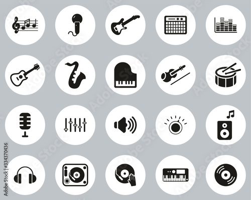 Music Or Music Studio Equipment Icons Black & White Flat Design Circle Set Big