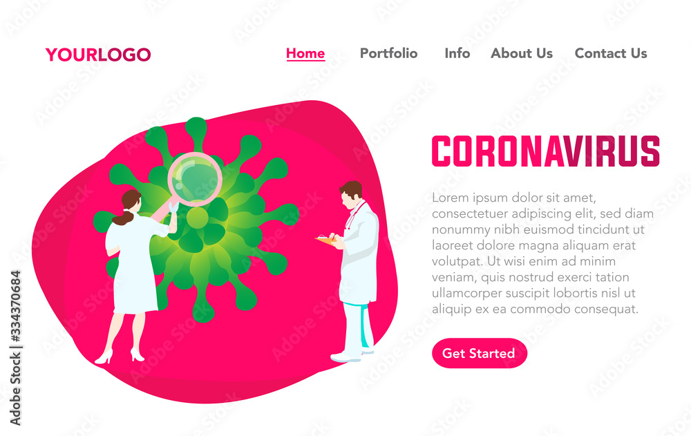 Landing page of corona virus. Two doctor is analyzing the corona virus