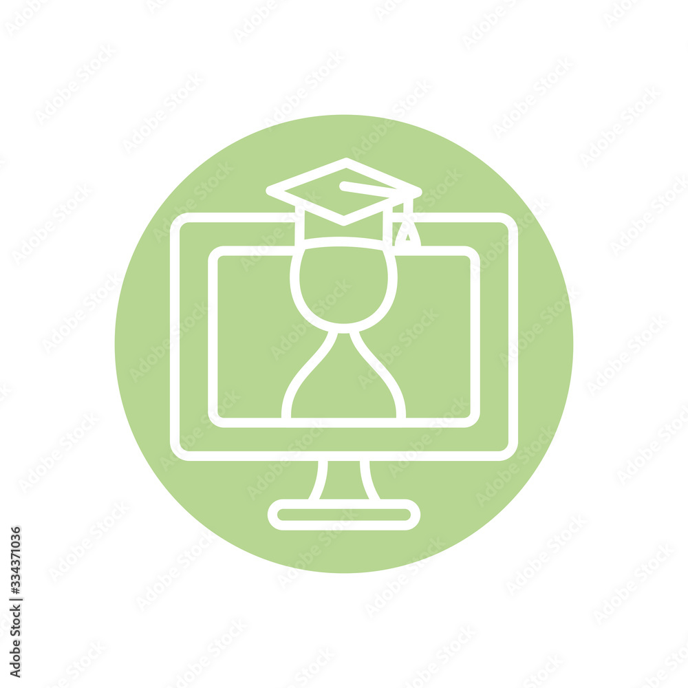 education online concept, computer with graduated man on screen icon, line block style education online concept, computer with graduated man on screen icon, line block style