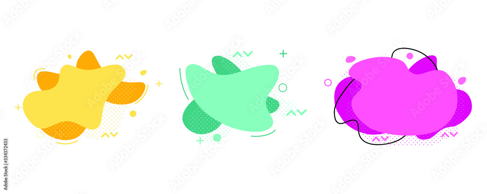 Orange, pink, green geometric abstract elements set. Dynamical colored forms and lines. Flowing shapes banners. Template for design of logo, flyer, presentation, vector illustration Orange, pink, green geometric abstract elements set. Dynamical colored forms and lines. Flowing shapes banners. Template for design of logo, flyer, presentation, vector illustration