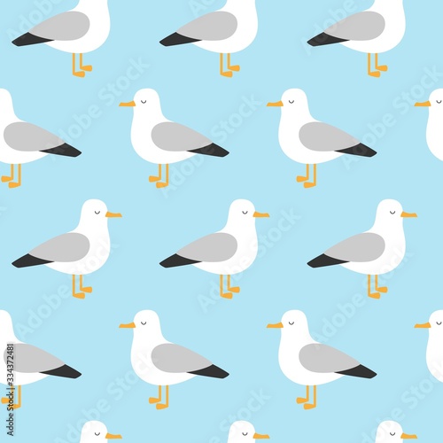 cute seamless pattern of seagulls in flat style isolated on blue water, vector sea bird illustration, for children