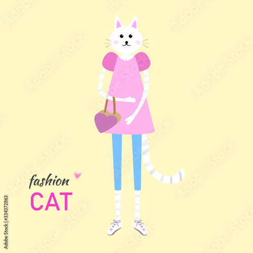 cute cat girl dressed in a fashionable dress with a handbag in her hands. Cartoon vector illustration of fashion cat. suitable for t-shirts and other clothes