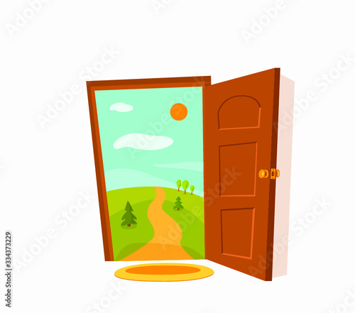 Open door cartoon colorful vector illustration. House apartment entrance