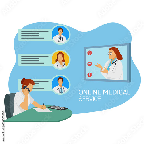 Online health services. A doctor is listening to a complaint from a patient in the middle of a corona virus pandemic
