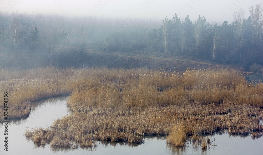 Fototapeta premium lake in the fog in the early morning