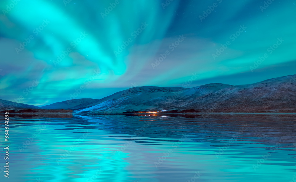 custom made wallpaper toronto digitalNorthern lights (Aurora borealis) in the sky over Tromso, Norway - Aurora reflection on the sea on the background Norwegian fjord - Winter season.