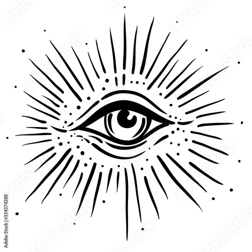 Blackwork tattoo flash. Eye of Providence. Masonic symbol. All seeing eye inside triangle pyramid. New World Order. Sacred geometry, religion, spirituality, occultism. Isolated vector illustration