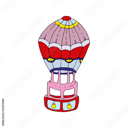 Bright aerostat cartoon art. Vintage air transport for trip around the world, travels and romantic adventures. Air ballon with basket for royal travels. Template for poster, advertising banner, card.