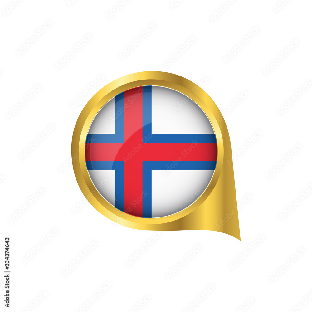 Obraz premium Flag of Faroe island, location map pin, pointer flag Faroe island, button gold, Icon country . Vector Illustration EPS10.