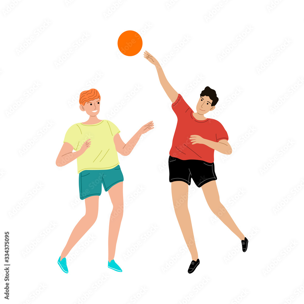 Smiling kids boys friends playing ball vector illustration