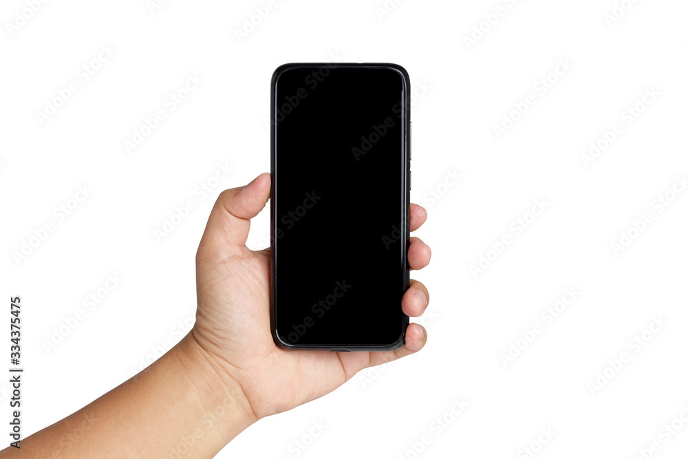 Man's hand is holding a smartphone with a 6.5 inch wide screen. Communication technology concept. White background. isolated. Clipping Parts Man's hand is holding a smartphone with a 6.5 inch wide screen. Communication technology concept. White background. isolated. Clipping Parts