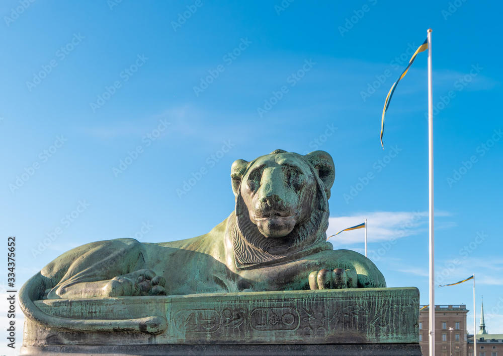 Sculpture of a lion on the Norrbro bridge. Stockholm, Sweden.