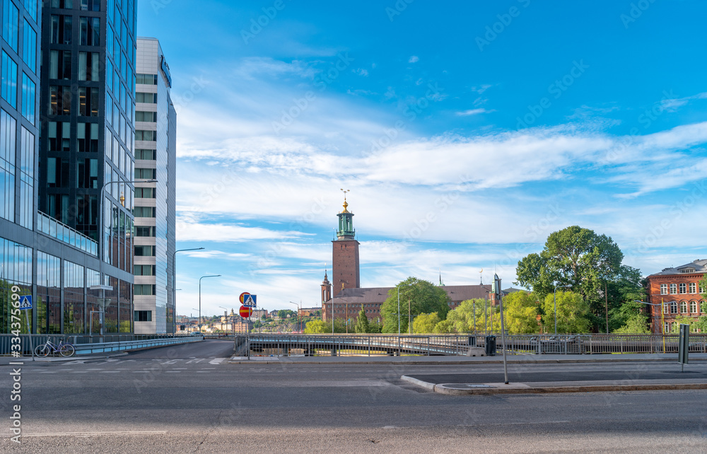Stockholm, Sweden. The tower of the Stockholm City Hall from interchange.