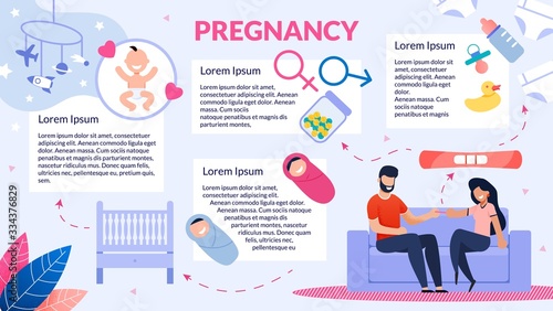 Healthy and Successful Pregnancy, Maternity Planning Trendy Flat Vector Infographics Banner, Info Poster. Happy Couple, Wife and Husband Preparing to Became Parents, Doing Pregnancy Test Illustration