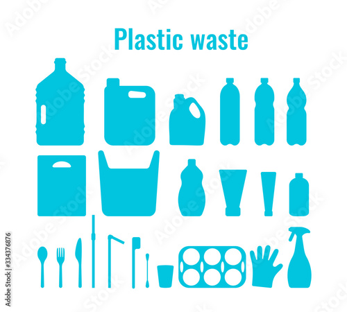 Plastic containers and single use dishes set vector illustration. Plastic waste problem symbol collection. Plastic package, dishes and containers outline icons for earth day ocean pollution concept