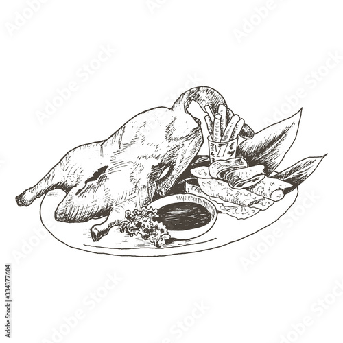 Festival Peking Duck as Famous Chinese Dish Vector Sketched Illustration