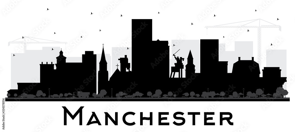 Manchester New Hampshire City Skyline Silhouette with Black Buildings Isolated on White.