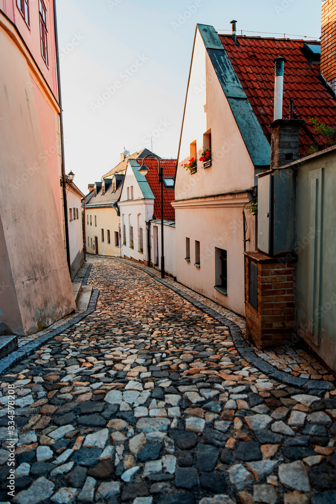 Picturesque historic narrow street with stone pavement in Tabor.