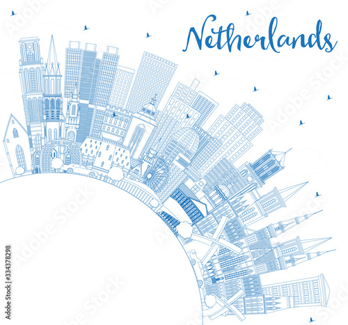 Outline Netherlands Skyline with Blue Buildings and Copy Space.