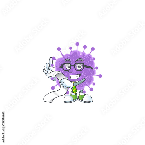 cartoon character of coronavirus influenza holding menu on his hand