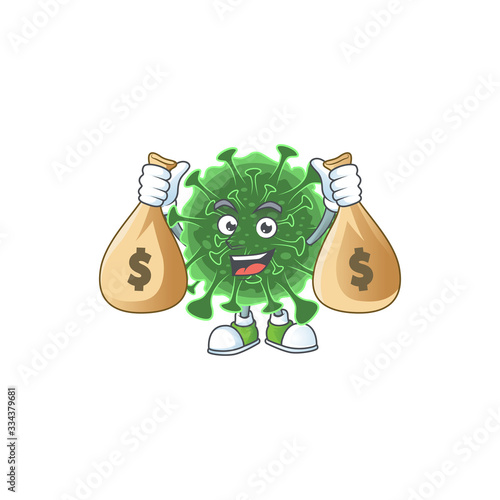 Happy rich wuhan coronavirus mascot design carries money bags