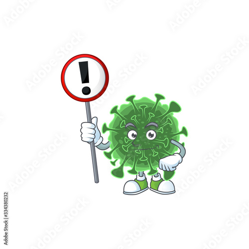 Smiling cartoon design of wuhan coronavirus with a sign