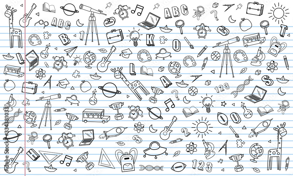 Concept of education School background with different stuff from notepad paper and back to school design vector. Concept of education School background with different stuff from notepad paper and back to school design vector.