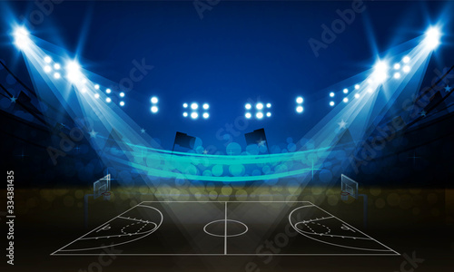 Basketball arena field with bright stadium lights design. Vector illumination