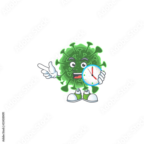 cartoon character style of cheerful wuhan coronavirus with clock