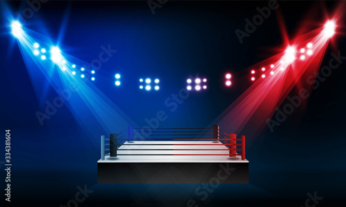 Boxing ring arena and spotlight floodlights vector design.