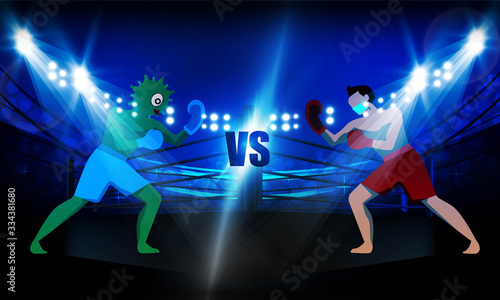 Boxer man vs corona man at Boxing ring arena and spotlight floodlights vector design. Deadly type of virus 2019-nCoV Human vs virus © photoraidz