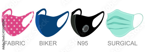 A set of various protective masks isolated on white background. Concept about health, hygiene, hospitality, medical, disease, viruses and etc.