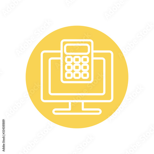 education online concept, computer with calculator icon, line block style