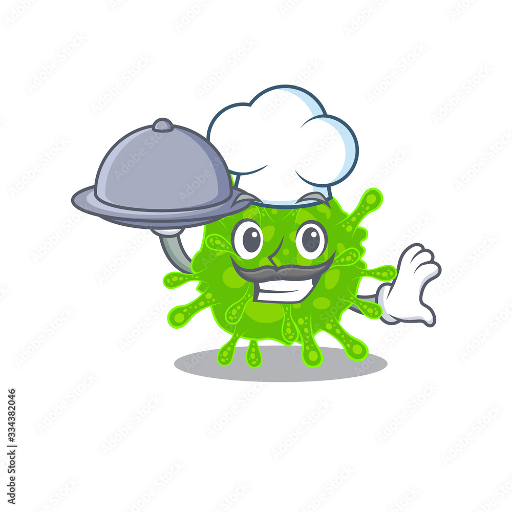 Flaviviridae as a chef cartoon character with food on tray Flaviviridae as a chef cartoon character with food on tray