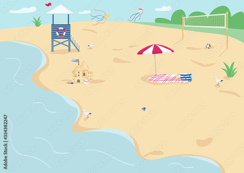 Sand beach flat color vector illustration. Blanket with sun umbrella, lifeguard tower and volleyball net. Summer vacation, recreation. Seacoast 2D cartoon landscape with water on background